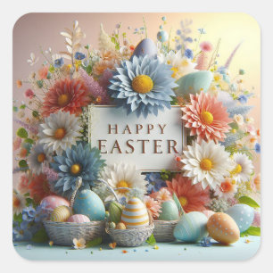 Sticker Carré Fleurs et oeufs Pâques