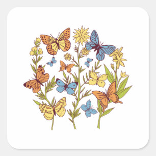 Sticker Carré Fleurs et papillons