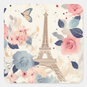 Sticker Carré Fleurs et Tour Eiffel Paris Motif de voyage