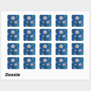 Sticker Carré Fleurs Fantaisistes sur Fond Bleu