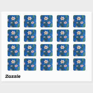 Sticker Carré Fleurs Fantaisistes sur Fond Bleu 
