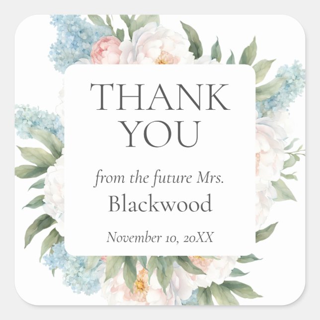 Sticker Carré FLEURS FLEURISSANTES BLEU PÂLE ROSE MARIÉE Merci (Devant)