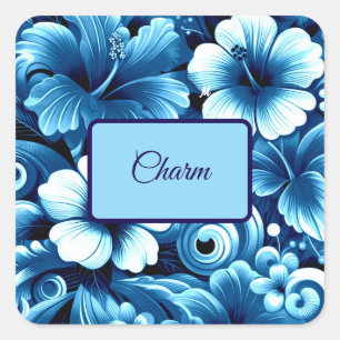 Sticker Carré Fleurs hawaïennes tropicales Hibiscus Motif bleu