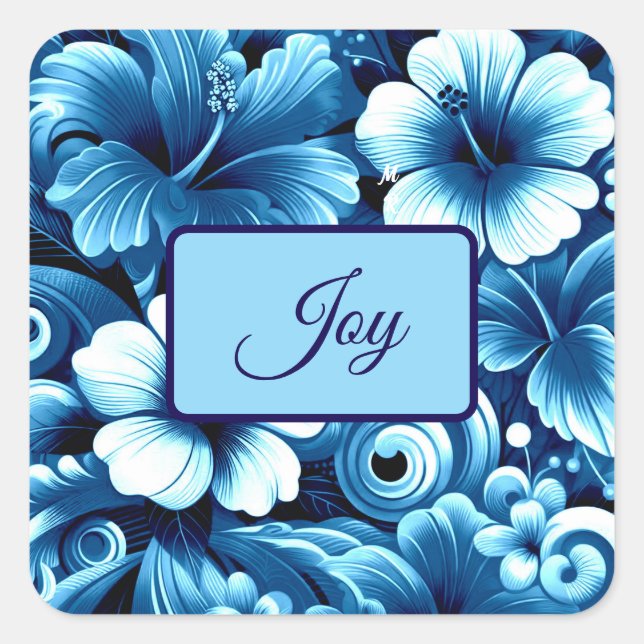 Sticker Carré Fleurs hawaïennes tropicales Hibiscus Motif bleu (Devant)