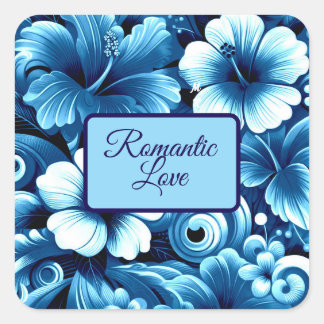 Sticker Carré Fleurs hawaïennes tropicales Hibiscus Motif bleu