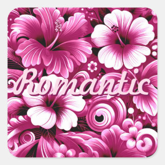 Sticker Carré Fleurs hawaïennes tropicales Hibiscus rose blanc