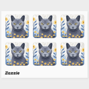 Sticker Carré Fleurs Jaunes Chat Bleu Russe