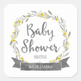 Sticker Carré Fleurs jaunes et Feuilles gris Baby shower de cour