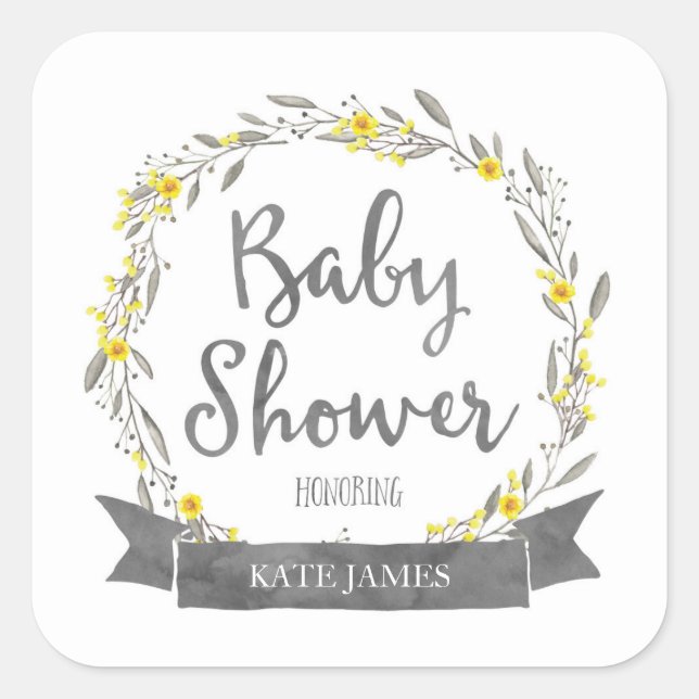 Sticker Carré Fleurs jaunes et Feuilles gris Baby shower de cour (Devant)