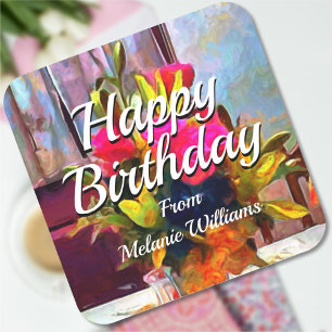 Sticker Carré Fleurs Joyeux Anniversaire PM0001