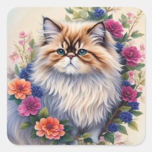 Sticker Carré Fleurs multicolores de chats persans