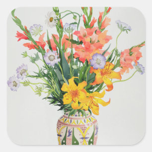 Sticker Carré Fleurs orange et bleu dans un vase marocain