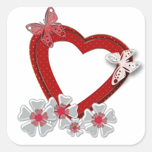 Sticker Carré Fleurs papillon cœur rouge Saint-Valentin amour no (Devant)
