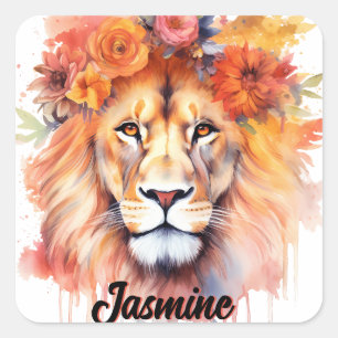 Sticker Carré Fleurs pastel de lion Safari Aquarelle Savannah Ch