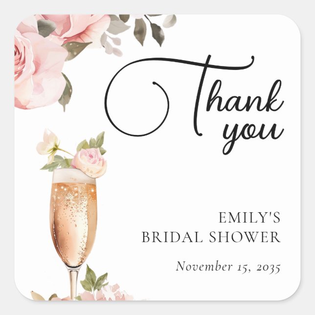 Sticker Carré Fleurs & Prosecco Floral Bridal Shower (Devant)