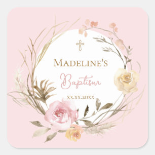 Sticker Carré fleurs rose beige aquarelle Baptême