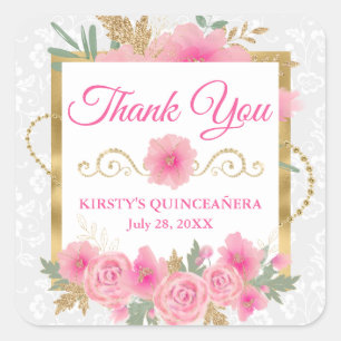 Sticker Carré Fleurs roses aquarelle et Quinceañera feuille d'or