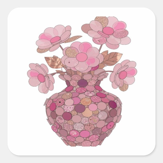 Sticker Carré Fleurs roses argentées tendance en impression auto (Devant)