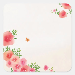 Sticker Carré Fleurs roses blanches soleil Papillon Aquarelle