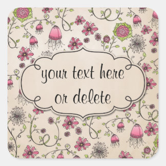 Sticker Carré fleurs roses blanches sur beige