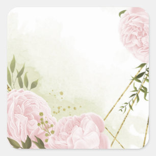 Sticker Carré Fleurs roses boho feuilles vertes botanique