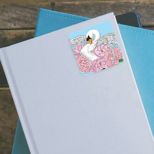 Sticker Carré Fleurs roses cygnes blanches