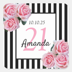 Sticker Carré Fleurs roses d'anniversaire noir blanc rayures