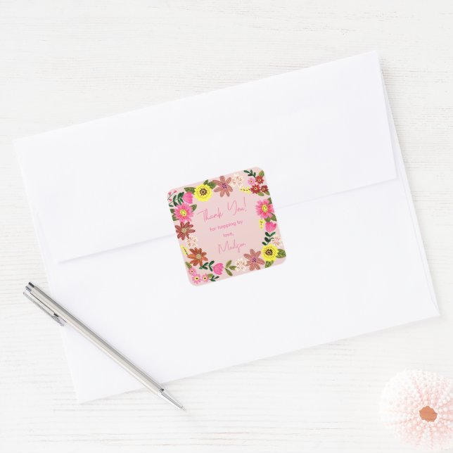 Sticker Carré Fleurs roses douces Fête bébé thème floral (Enveloppe)
