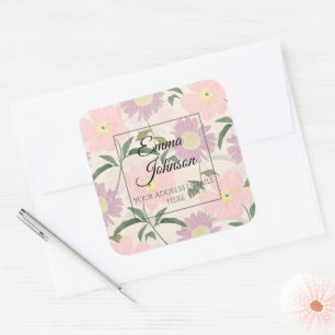 Sticker Carré Fleurs roses élégantes Aquarelle Boho Floral