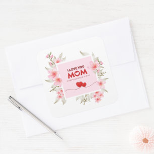 Sticker Carré Fleurs roses élégantes "Je t'aime Maman" Fête des 