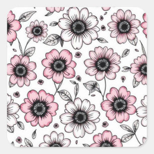 Sticker Carré Fleurs roses et dessin feuille