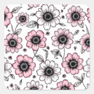 Sticker Carré Fleurs roses et dessin feuille