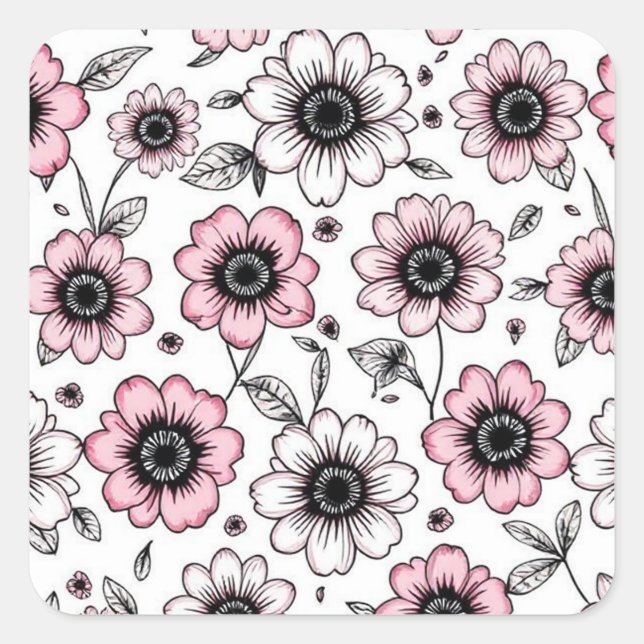 Sticker Carré Fleurs roses et dessin feuille (Devant)