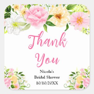 Sticker Carré Fleurs roses et jaunes Merci pour la Baby Shower