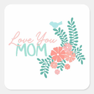 Sticker Carré Fleurs roses et oiseaux bleus vous aiment texte ma
