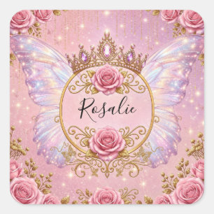 Sticker Carré Fleurs roses et or Papillon Princesse Fée