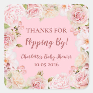 Sticker Carré Fleurs roses Merci pour Popping By Baby shower Bal