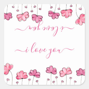Sticker Carré Fleurs roses modernes, je vous aime