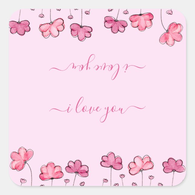 Sticker Carré Fleurs roses modernes, je vous aime (Devant)