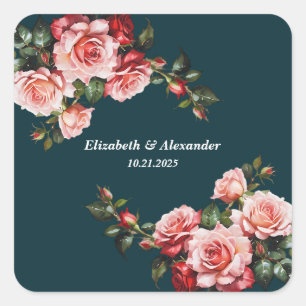 Sticker Carré Fleurs roses roses et rouges sarcelles mariage som