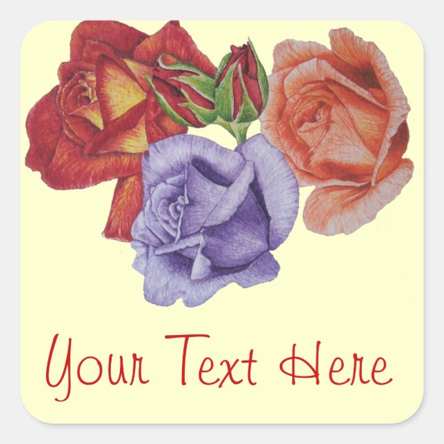 Sticker Carré fleurs roses rouges et bourgeons roses art floral (Devant)