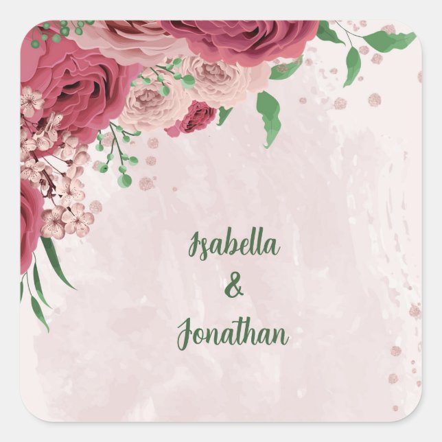 Sticker Carré fleurs roses vert feuille mariage (Devant)
