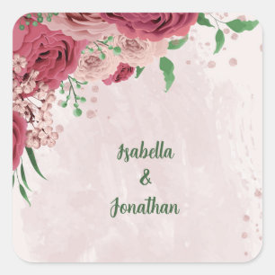 Sticker Carré fleurs roses vert feuille mariage