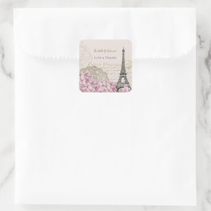 Sticker Carré Fleurs roses vintages Paris Tour Eiffel Mariage