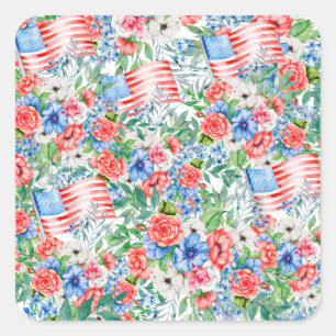 Sticker Carré Fleurs rouges blanches et bleues Patriotique 4 ju