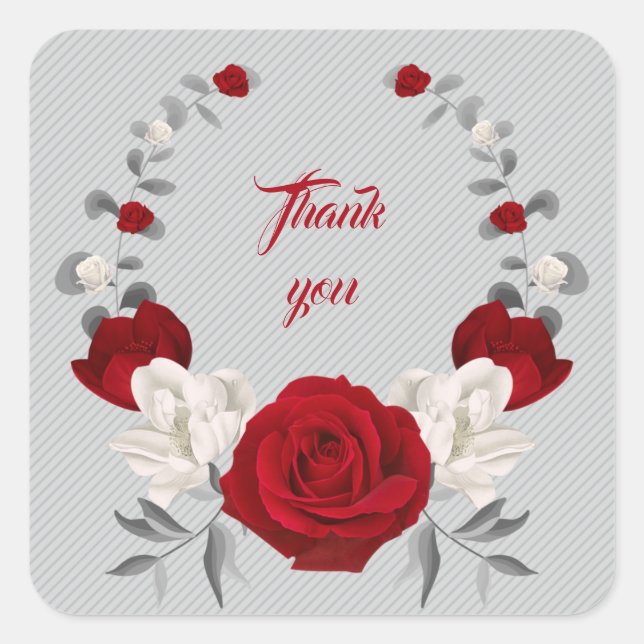 Sticker Carré fleurs rouges et blanches gris feuille couronne me (Devant)