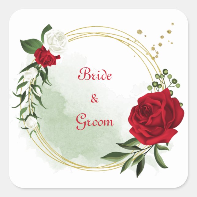 Sticker Carré Fleurs rouges et blanches verdure couronne or (Devant)