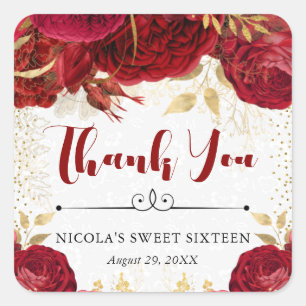 Sticker Carré Fleurs rouges et or aquarelle Sweet 16
