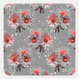 Sticker Carré Fleurs rouges sur gris