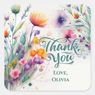 Sticker Carré Fleurs sauvages aquarelle Merci